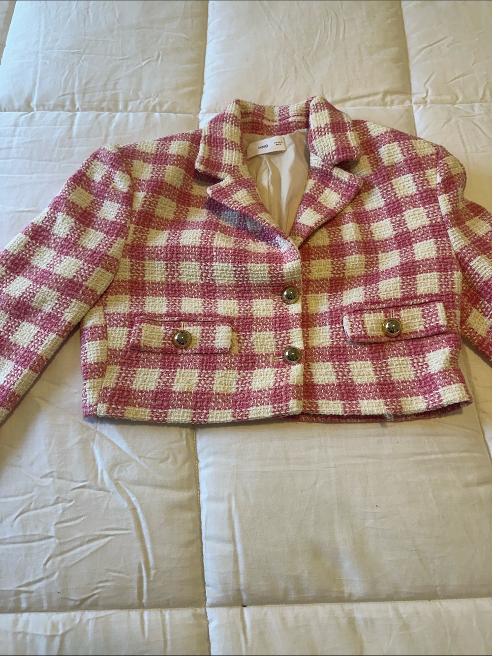 Mango Pink and Cream Cropped Tweed Blazer